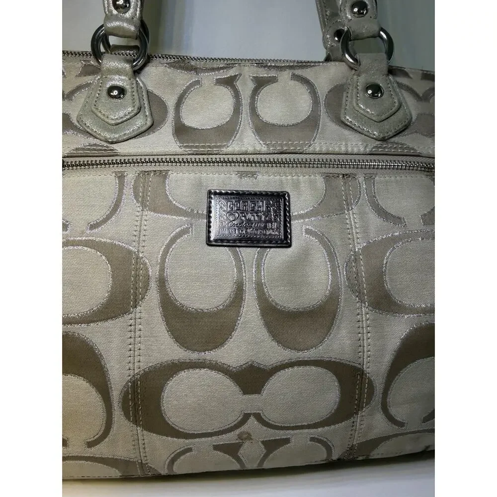 Coach Poppy Signature C Lurex Glam Tote Metallic Gold Jacquard Khaki Sateen FLAW